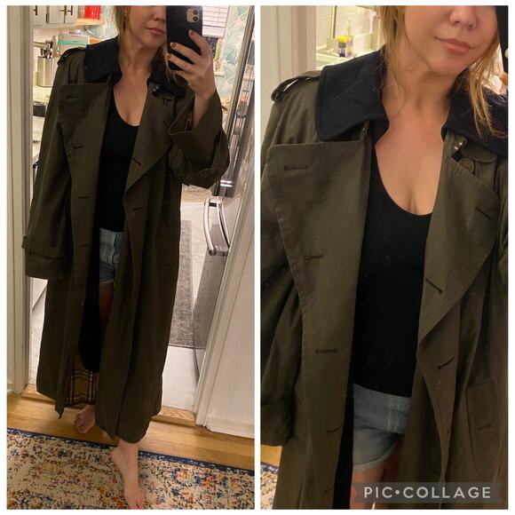 Burberry Dark Green Classic Trench Coat Vintage Jacket Wool Camel Liner sz 44L - Picture 1 of 15